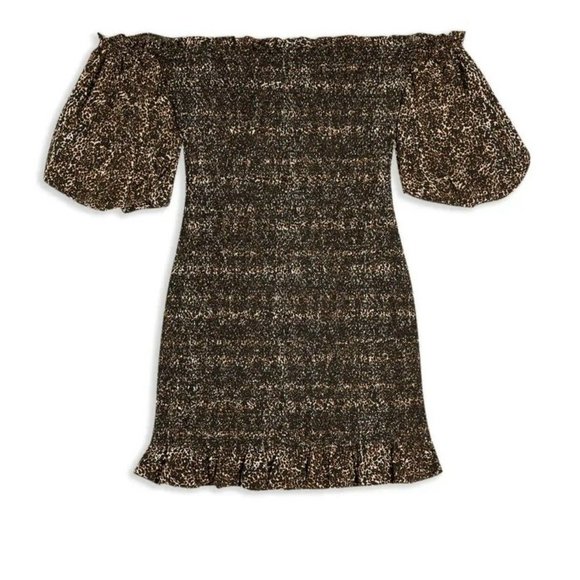 TOPSHOP Off Shoulder Puff Sleeve Leopard Print Smocked Mini Dress 8 NEW - Picture 3 of 10